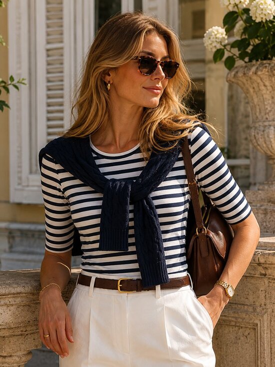quiet luxury, nautical chic, preppy outfits, Tops - Classic Nautical Striped Elbow Sleeve Knit Top | Old Money Coastal Chic